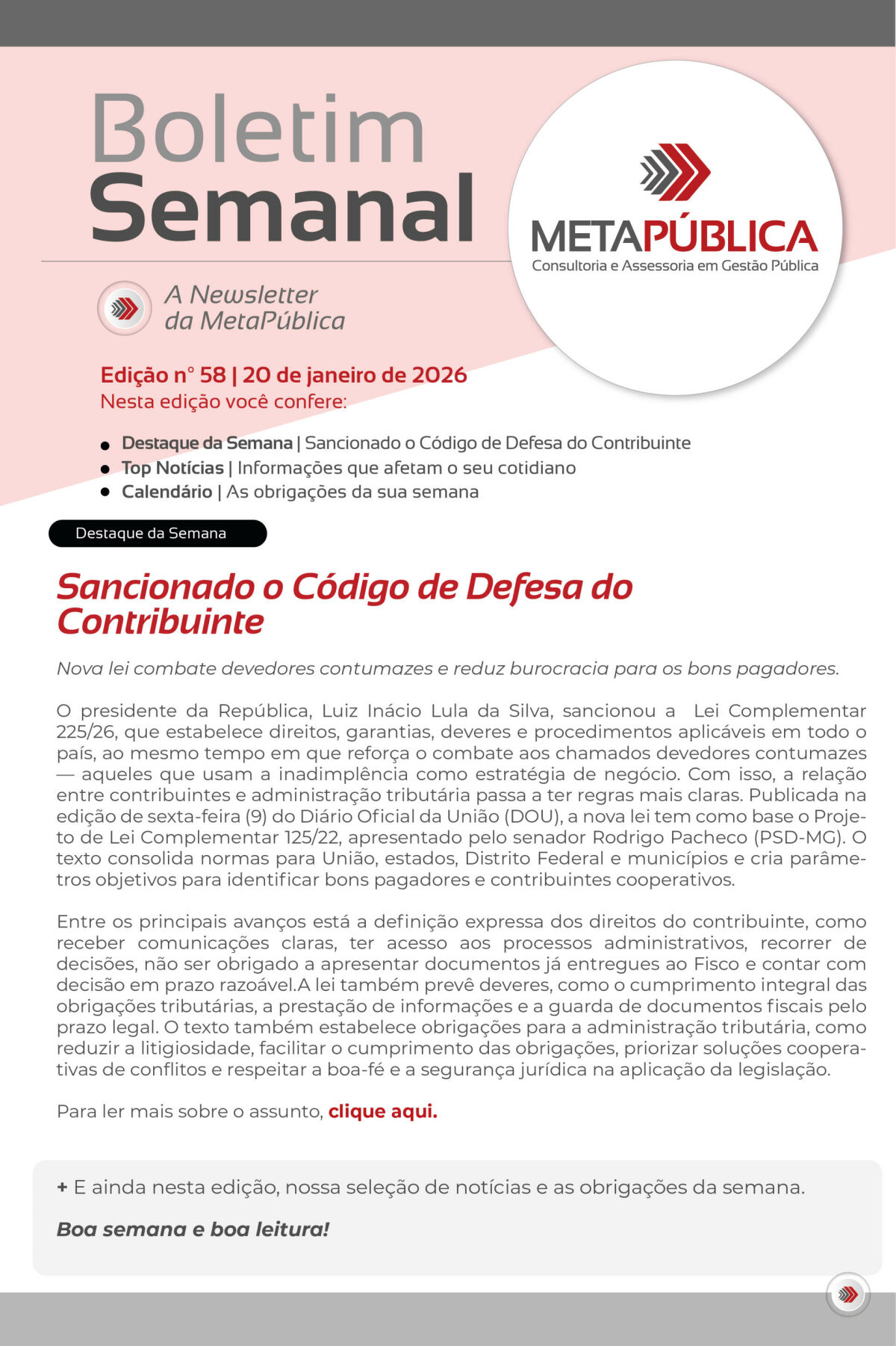 Imagem principal de BOLETIM SEMANAL Nº 58 - 20 DE JANEIRO DE 2026